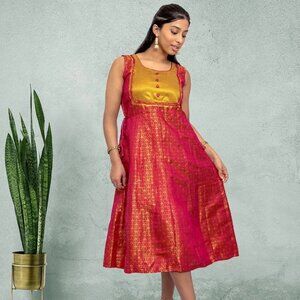 Luxury Red and Gold Silk Knee-Length Dress | Muvvas Boutique